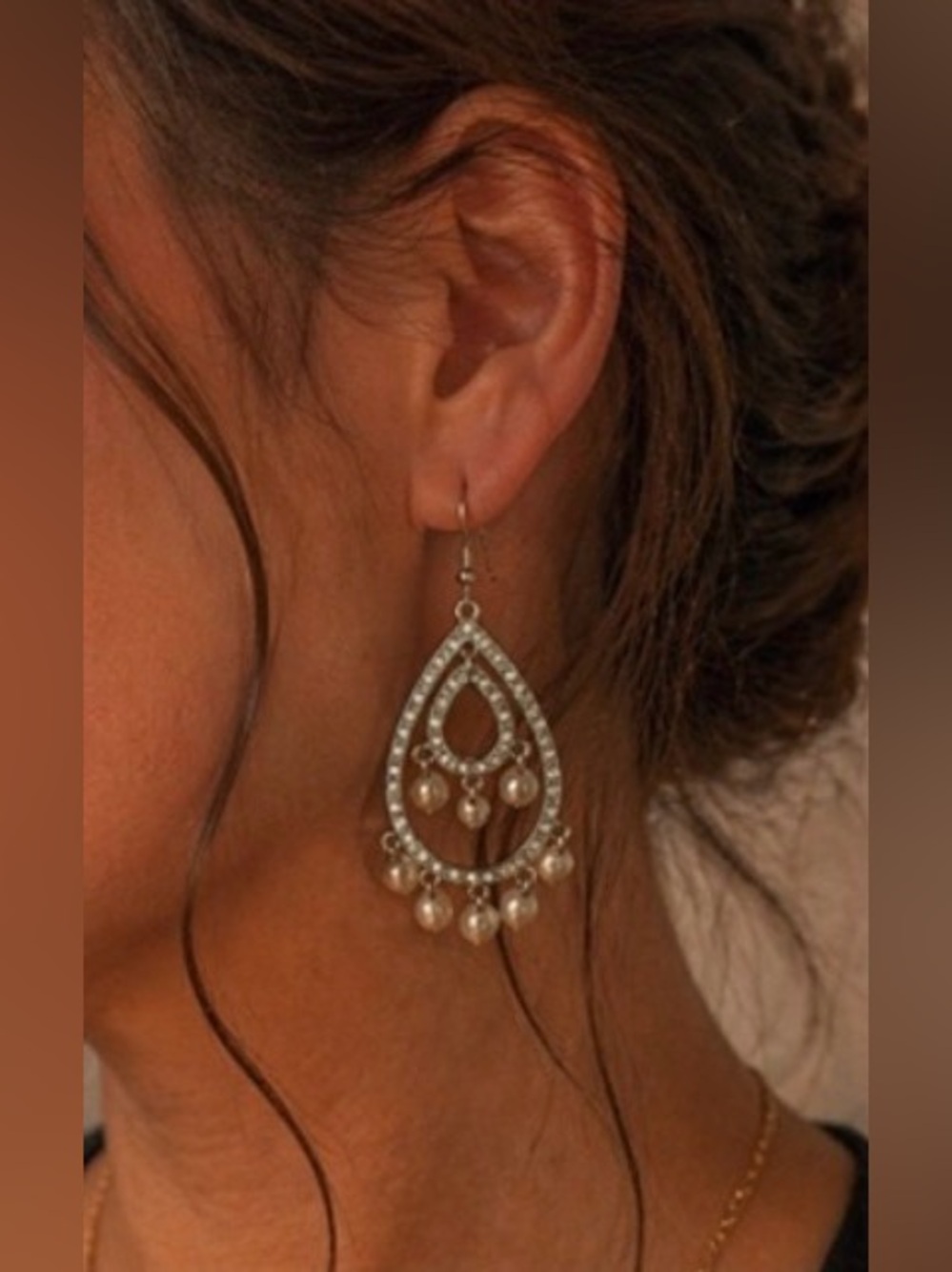 Silver Teardrop Pearl Chandelier Earrings | Rhinestone Statement Drop | Bridal